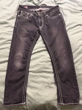 True Religion Slim Black Jeans with White Contrast Stitching